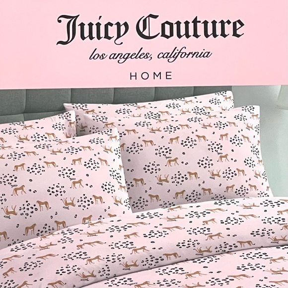 JUICY COUTURE HOME Bedding Sheet Set KING SIZE Pink Cheetah Logo 6-Piece NEW - Picture 7 of 9